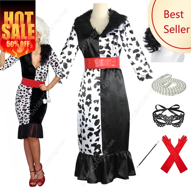 

Girls Women Cruella Cosplay Adult Cruella De Vil Dress Mask Necklace Dalmatian Costume Deville Dress Halloween Costume