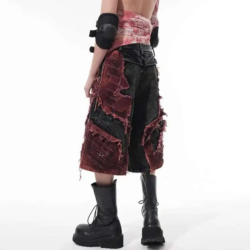 Luzhen 2025 novo original high street retalhos design jeans masculino elegante cor contraste em linha reta denim calças de cinco pontas jy1129