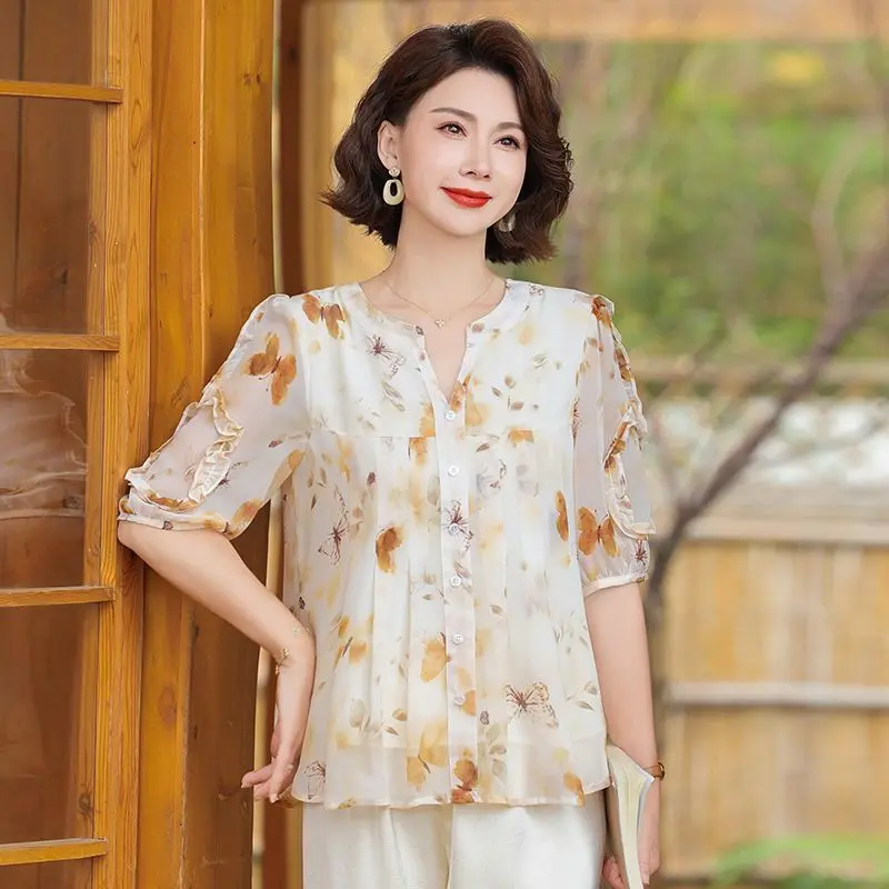 Mom Dress for Middle Aged Summer Clothes Fashionable and Slim Women's Shirt Tops Snow Woven