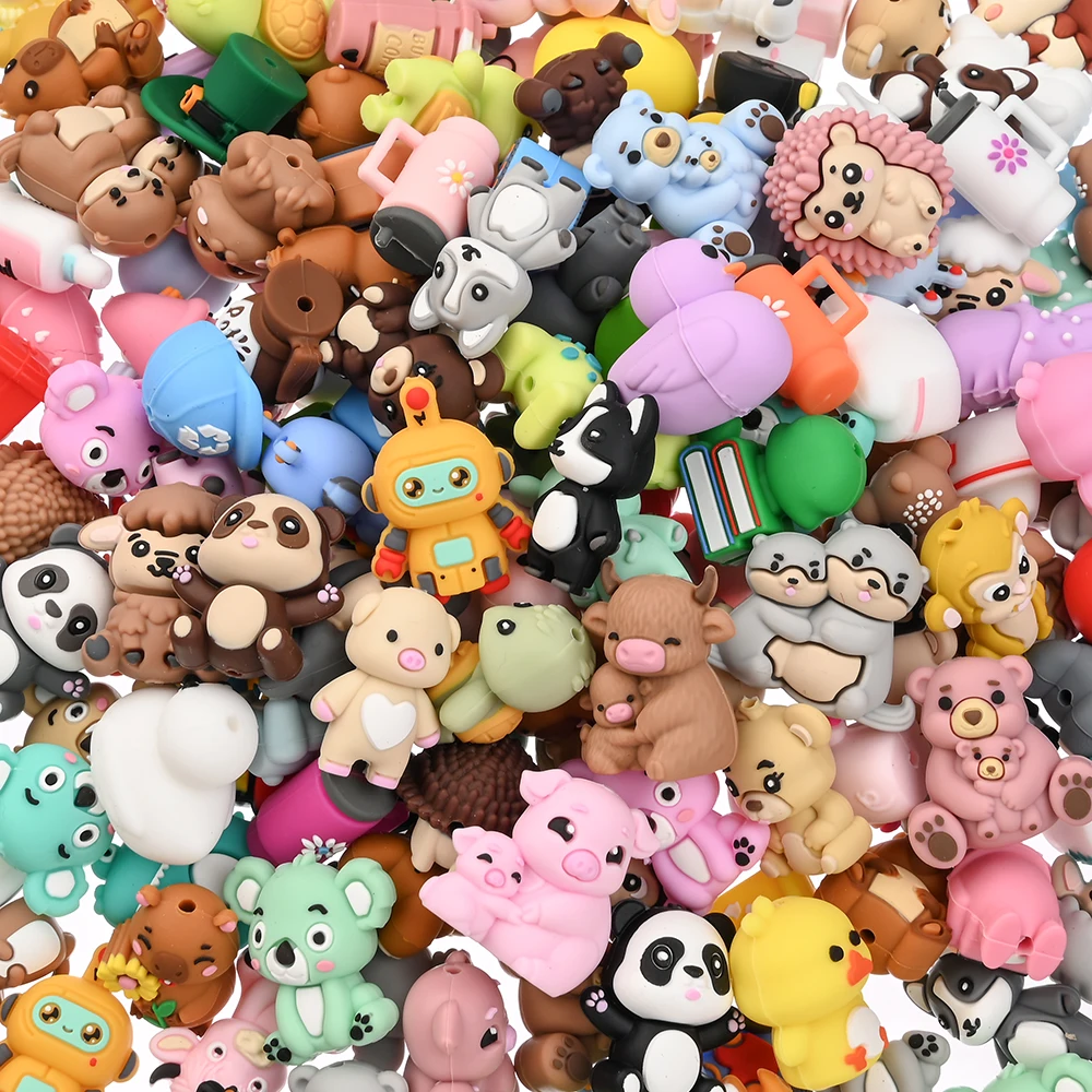 

15Pcs 3D Silicone Beads Random Mixed Animal Focal Bead DIY Handmade Pacifier Clips/Chain Dummy Holder Accessories