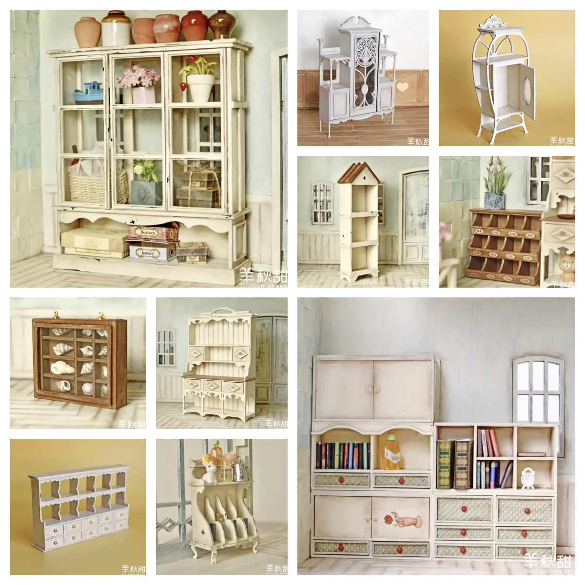1:12 & 1:6 Miniature Furniture DIY Kit or Ready-Made | Display Cabinet, Glass Table & Retro Hutch for Dollhouse Storage & Decor