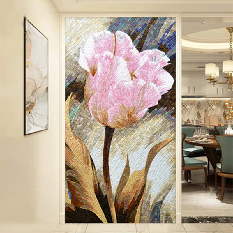 Italy Style Luxury Pink Tulip Flowers Glass Mural Mosaic Wall Tiles, 1220x2440mm, Customized Available