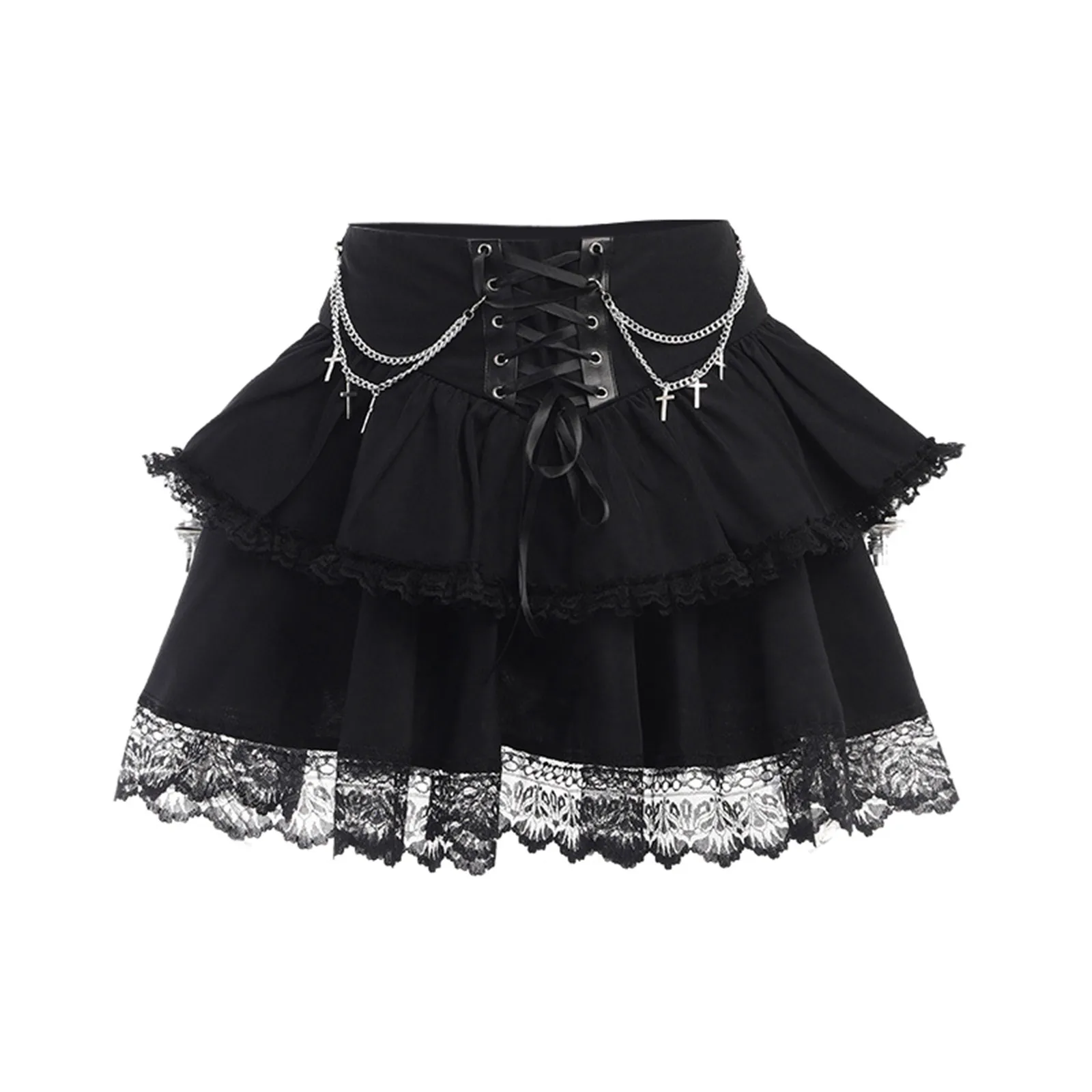 Gothic Skirts Fashion Women Double Layered Lace Trim Skirt With Metal Chain Harujuku Bandage Skirts Halloween Party Costume