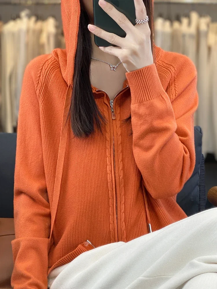 2024 autumn and winter hooded cardigan women\'s knitted top loose sweater casual solid color double zipper cardigan top