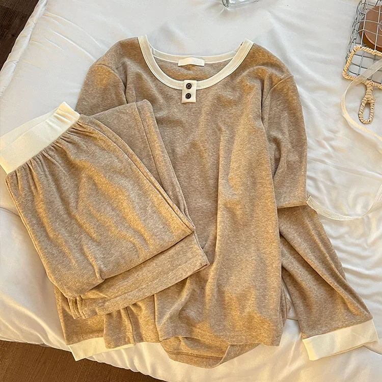 

Autumn Solid-Color Pajamas for Women Long Sleeves Tops Long Pants Casual Home Clothes Ladies Nightgown Big Size Sleepwear