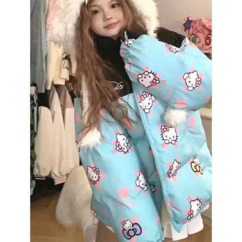 Sanrio Cute Full Print Hello Kitty Color Blocked Coat Women Winter Jacket Korean Style Bread Clothes Winter Loose Cotton Clothes