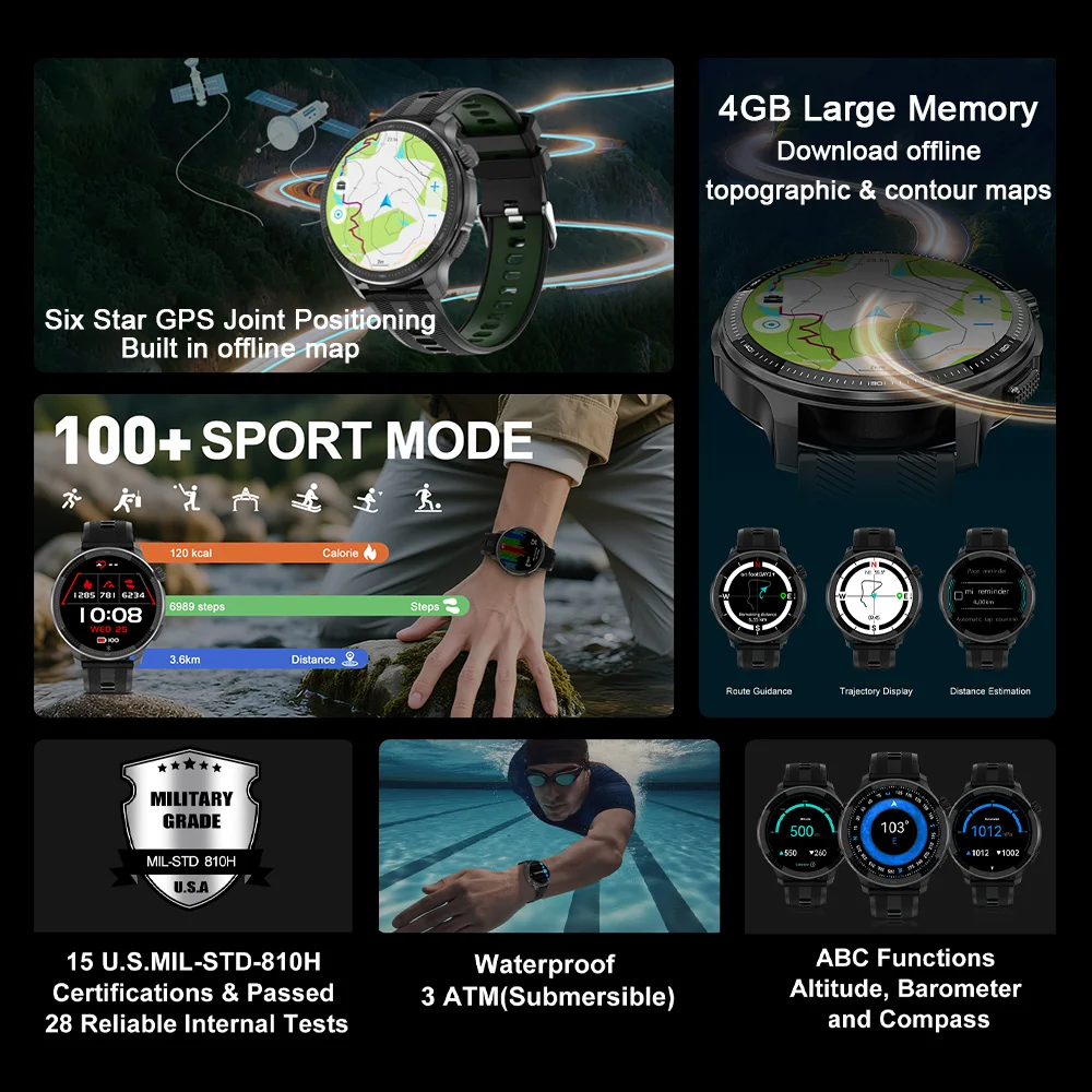 Nuovo T-Rex Accurate GPS Smartwatch Mappa offline incorporata Memoria da 4 GB 5ATM IP69K Nuoto Impermeabile Uomo Sport all'aria aperta Smart Watch