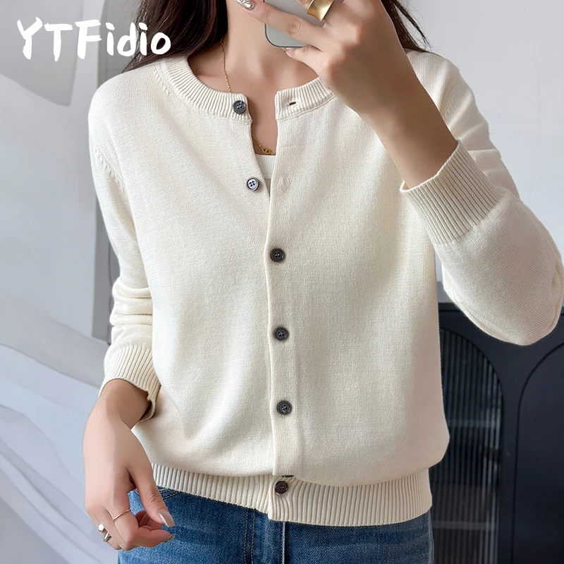 YTFidio 100% Cotton Women O-neck Solid Cardigan Luxury Designer Clothing Woman Pullover Female Tops 386