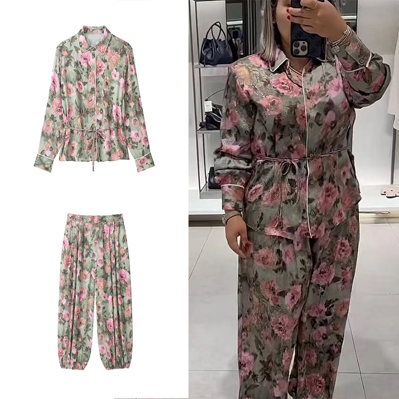 Guobioziy 2026 Women's Autumn Retro Floral Set Turn-Down Collar Shirt and Loose Jogger Pants Textured Matching Outfit