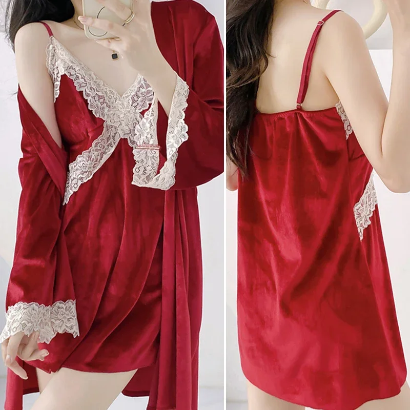 

Autumn Winter Women Velvet Nighty&Robe Set Kimono Bathrobe Gown Sexy Patchwork Lace Suspender Nightgown Lingerie Velour Homewear