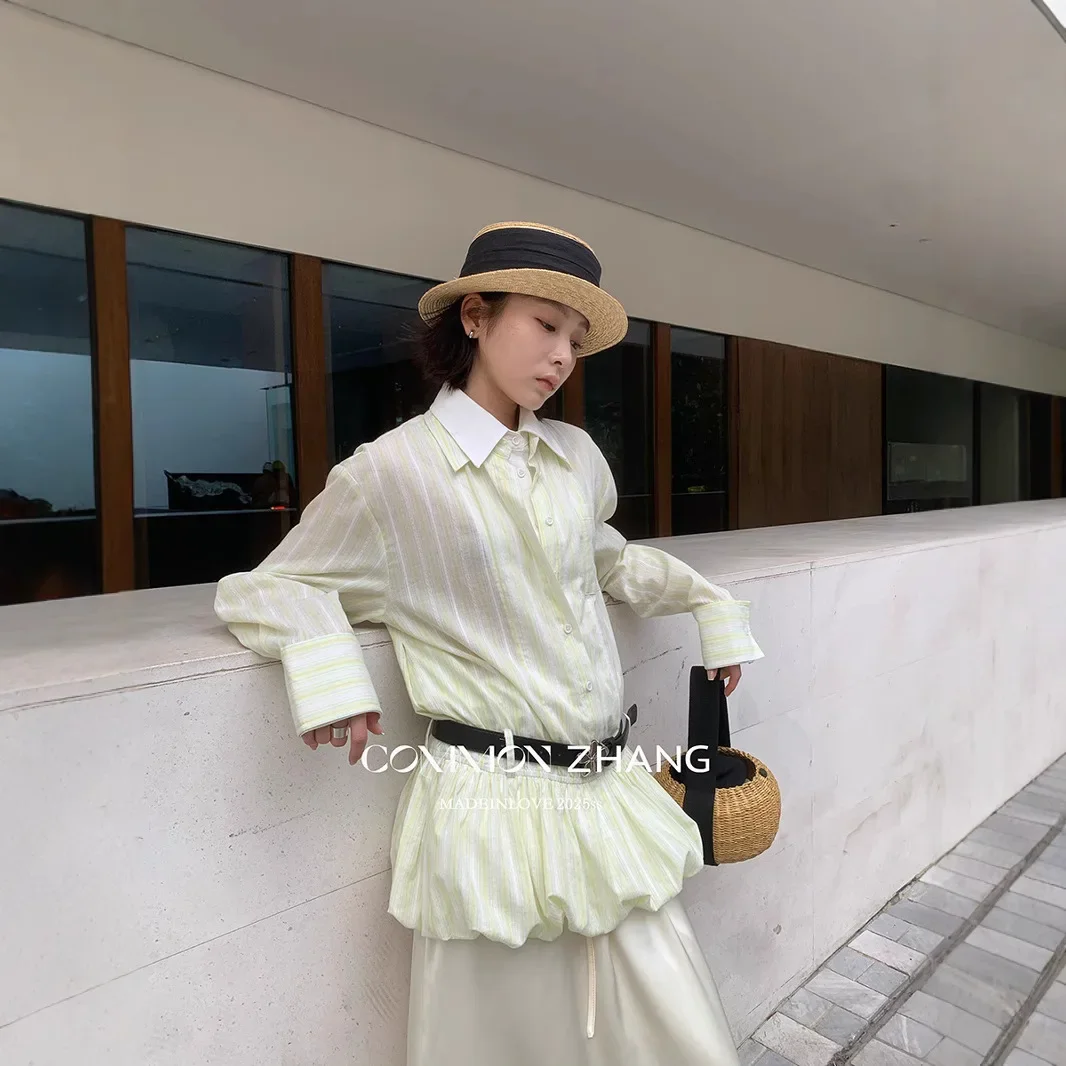 

Корейская нишевая полосатая рубашка с объемным цветочным узором ручной работы, легкая, для повседневной носки, имитация двухслойности, женская.