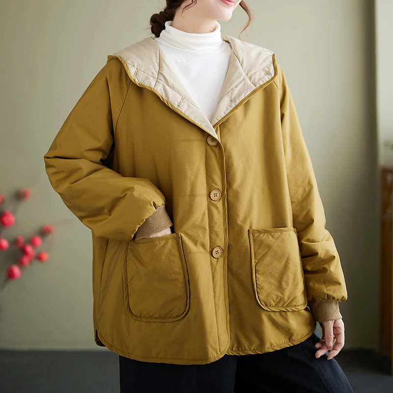 Jaet con cappuccio in cotone casual taglie forti Cappotto da donna Faionable Pane Sle Autunno Inverno Riempimento sottile Taglio lungo dritto