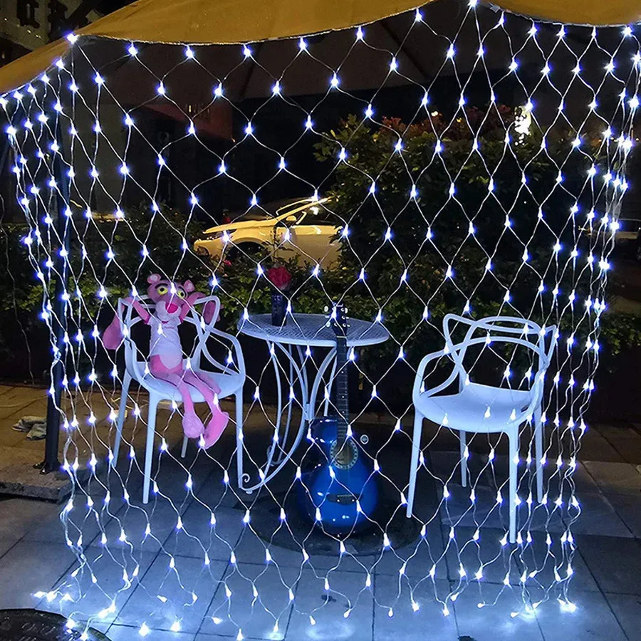 Luces de hadas navideñas para exteriores, guirnalda decorativa de 220V con enchufe europeo, 8 modos, luces Led de malla para pesca, hogar, boda,