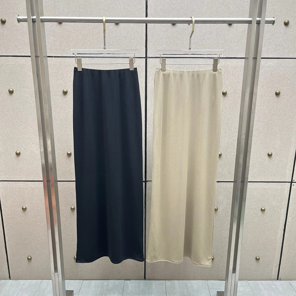 Women Satin Maxi Skirt High Waist Elastic Waist Straight Long Skirt Ladies Solid Color Elegant Office Party Casual Bottoms