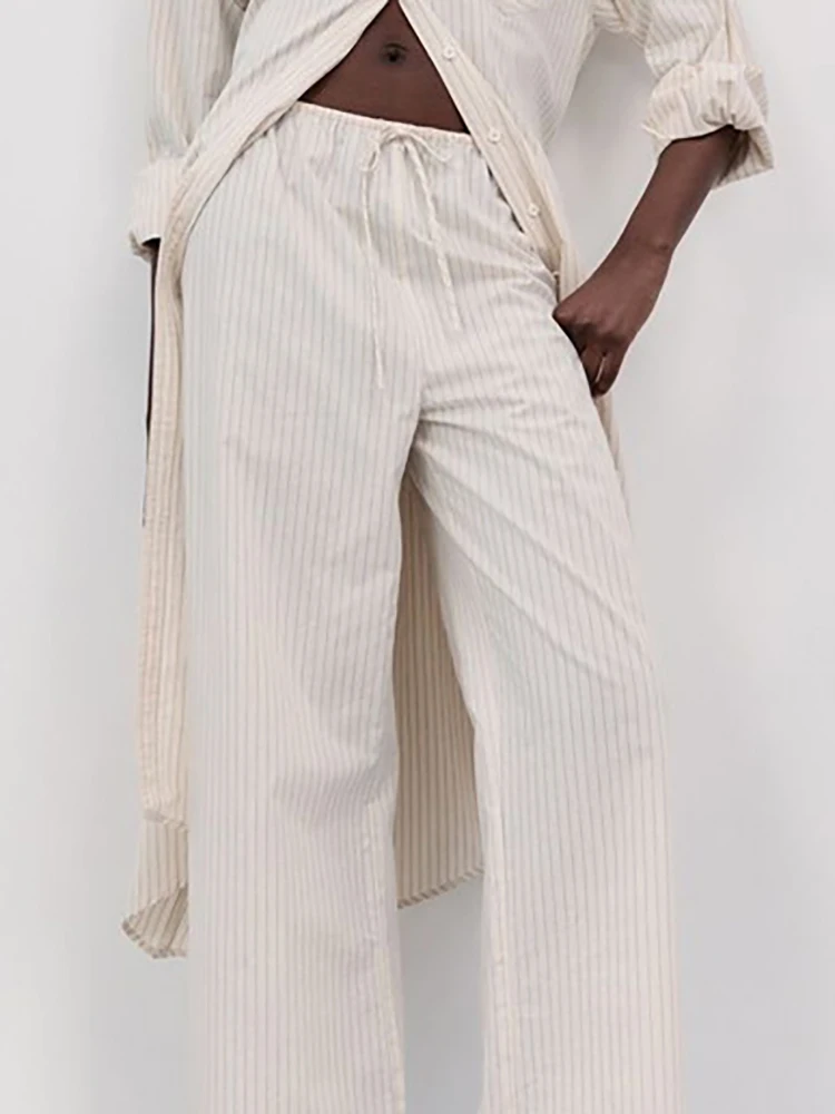 

Elegant Lapel Long Sleeve Shirts Women Set Irregular Hem Long Cardigans&Wide Leg Pants Sets Leisure Stripe Print Fashion Outfits