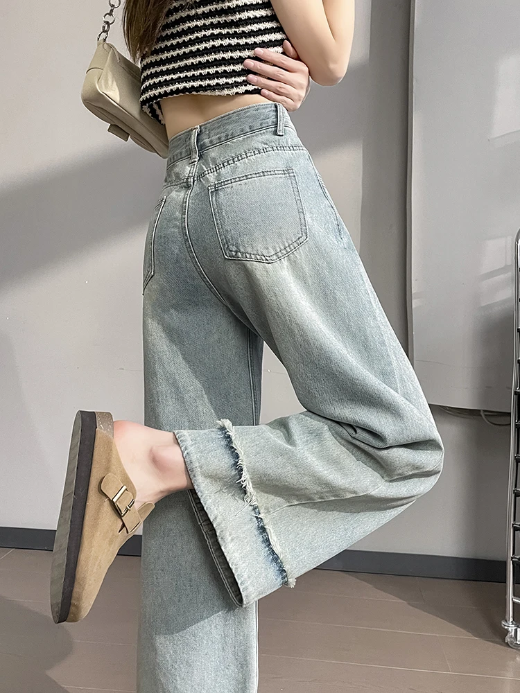 

2024 Summer Jeans for Women Wide Leg Loose Denim Ankle-Length Pants Korean Fashion Streetwear Washed Blue Color Jeans Woman Wh7