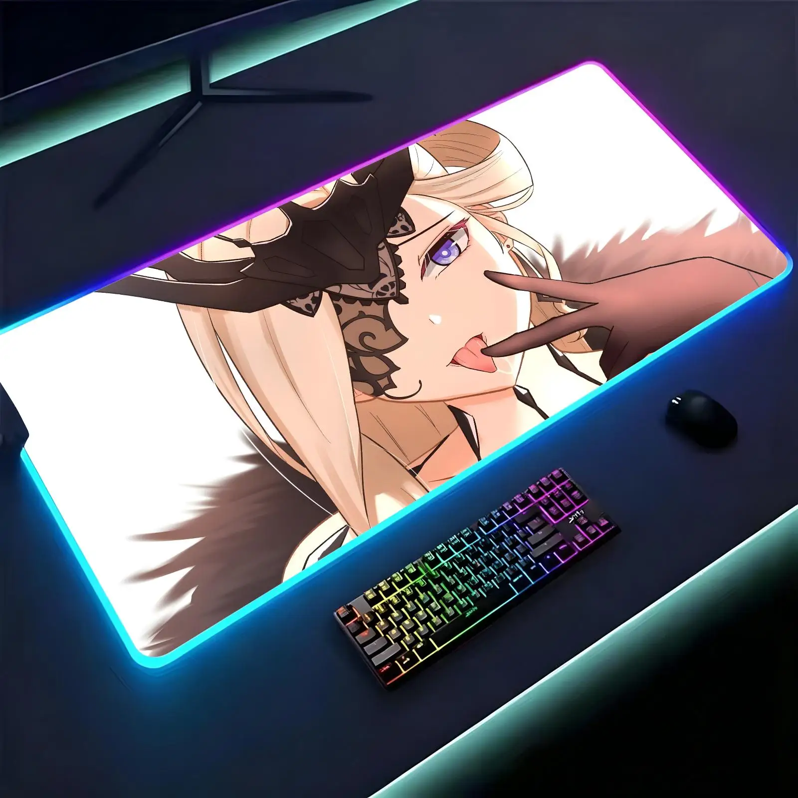 Large RGB backlit esports gaming mouse pad, Genshin Impact La Signora smooth soft cloth surface, LED luminous extended desk mat