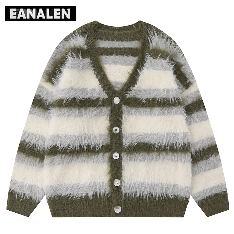 Harajuku Black and White Striped Knitted Cardigan Men\'s Vintage Korean Style Oversized Designer Striped Grandpa Sweater Women\'s