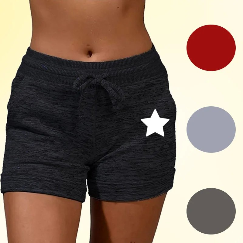 

Solid color printed minimalist slanted pocket drawstring shorts, casual elastic waist slim fit shorts for women