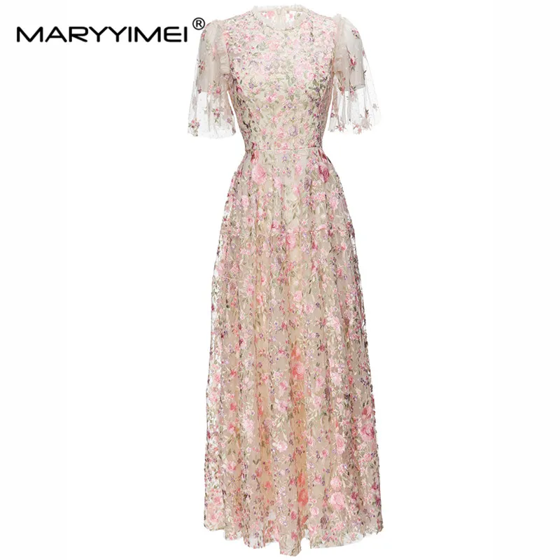 MARYYIMEI Flare Sleeve Flower Embroidered Mesh dress 2023 Spring Summer New Holiday Slim Long Dresses