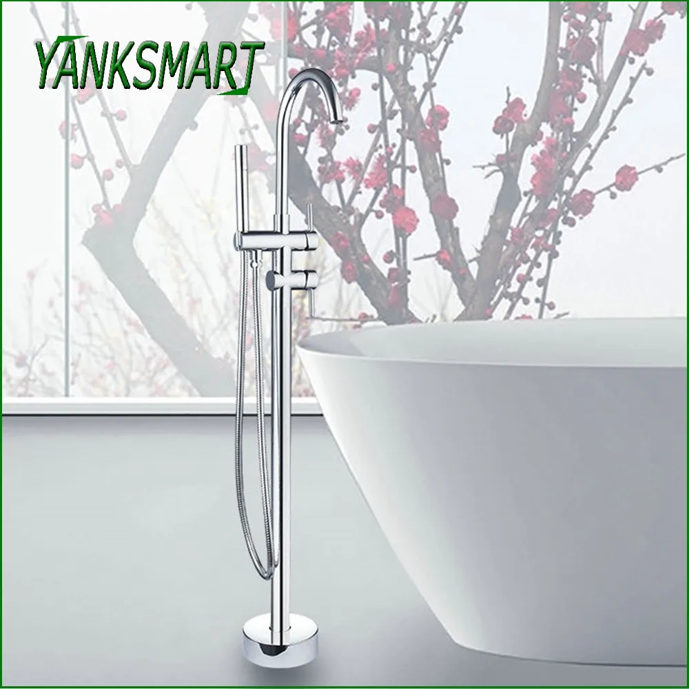 

YANKSMART Chrome Bathtub Floor Stand Faucet 1 Handle Hot and Cold Torneira 360 Rotation Spout W/ Handshower Bath Mixer Water Tap