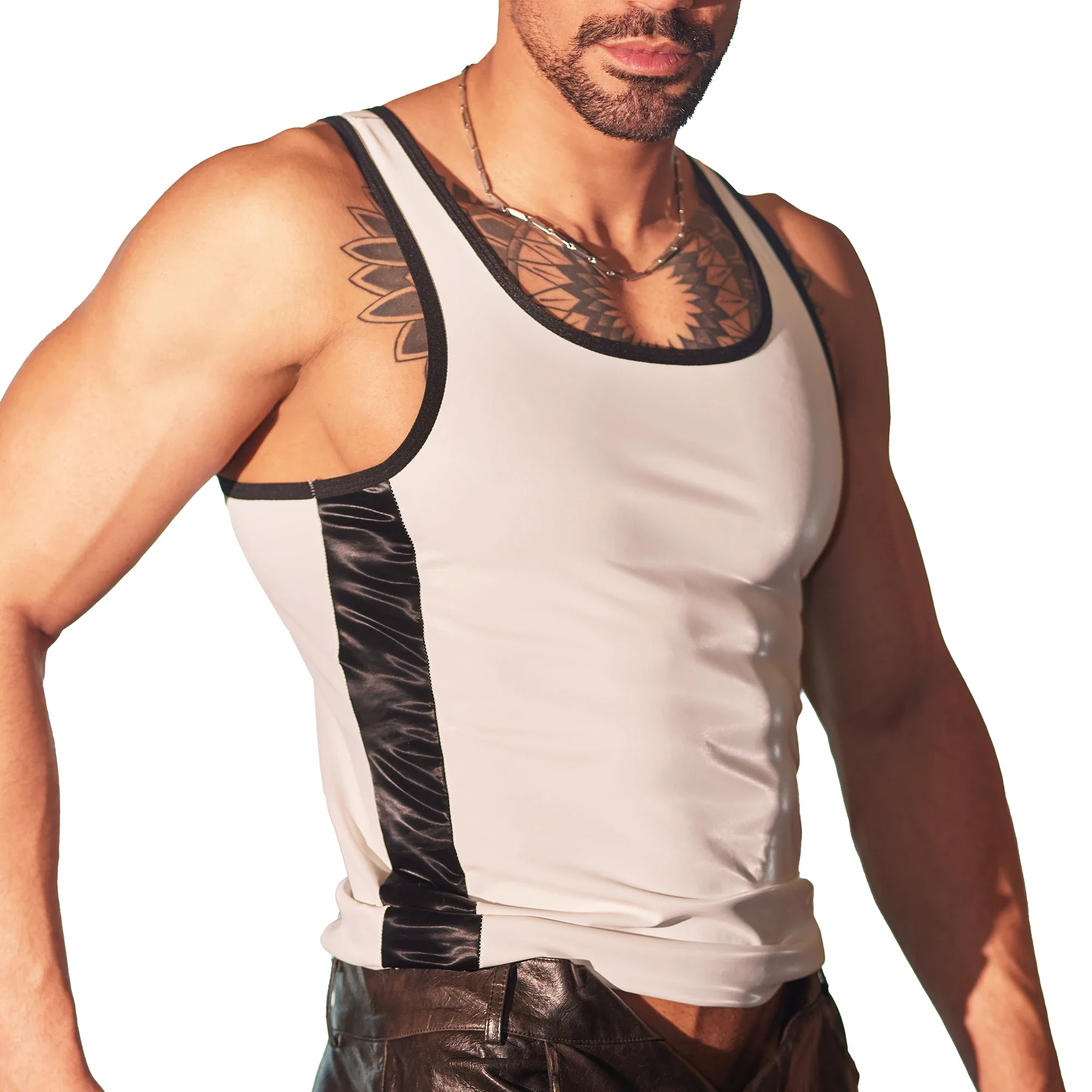 

Спортивный жилет, мужская облегающая одежда, майки для фитнеса, сексуальные топы на бретелях из искусственной кожи с мышцами, модные эластичные футболки без рукавов