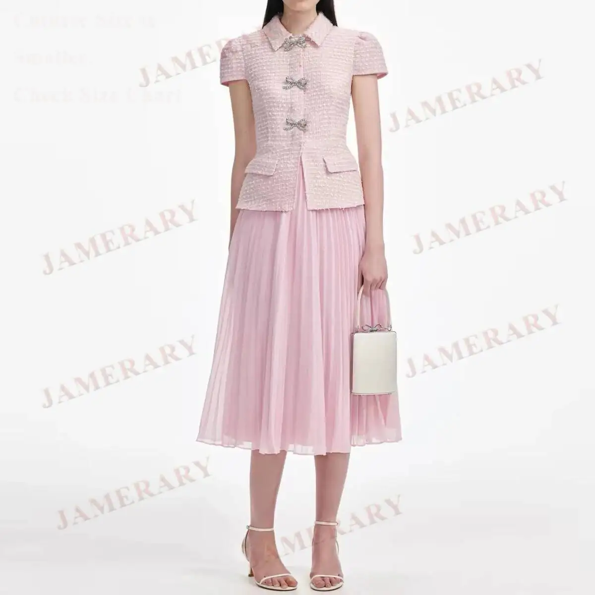 

Princess Formal Evening Two-piece Set Women Summer Long Dresses Set Tweed Top Jacket Pleat Maxi Chiffon Skirts Suits 2pcs Outift