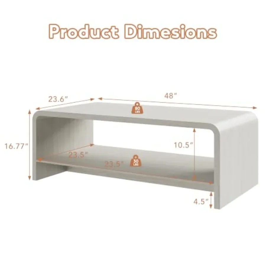 Living room coffee table, solid wood, natural finish, open 2-tier storage and curved profile design for modern minimalist space
