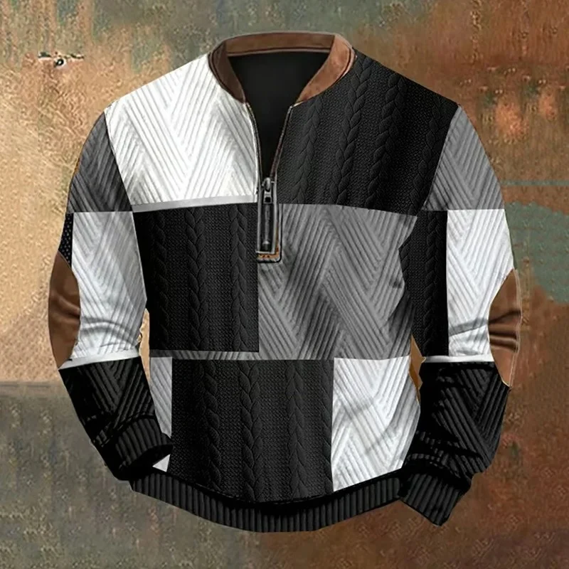 

Men's Vintage Western Contrast Knit Print Zip Up Sweatshirt Holiday Autumn Long Sleeve Colorblock Office Pullover Men Clothes