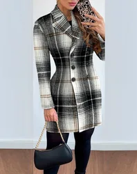 Autumn Winter Fashion Plaid Woolen Coat Dress Women Causal Office Ladies V-neck Double Breasted Slim Woolen Coat Dress Women