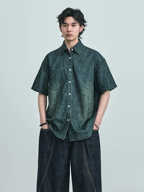 

Retro Japanese Sle Loose Fit ort Sve irt with Le Print Casual Summer Outerwear for Men Turn down Collar Youth Faion