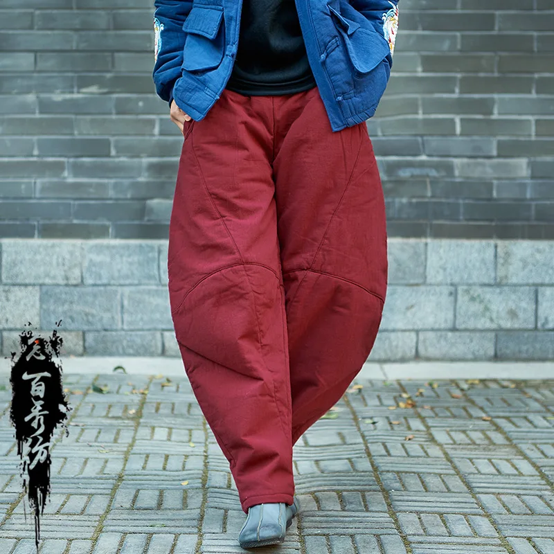 

2024 New Arrival Winter Women Warm Thickened Ankle-length Pants Casual Loose Elastic Waist Cotton Linen Bloomers Pants Y74