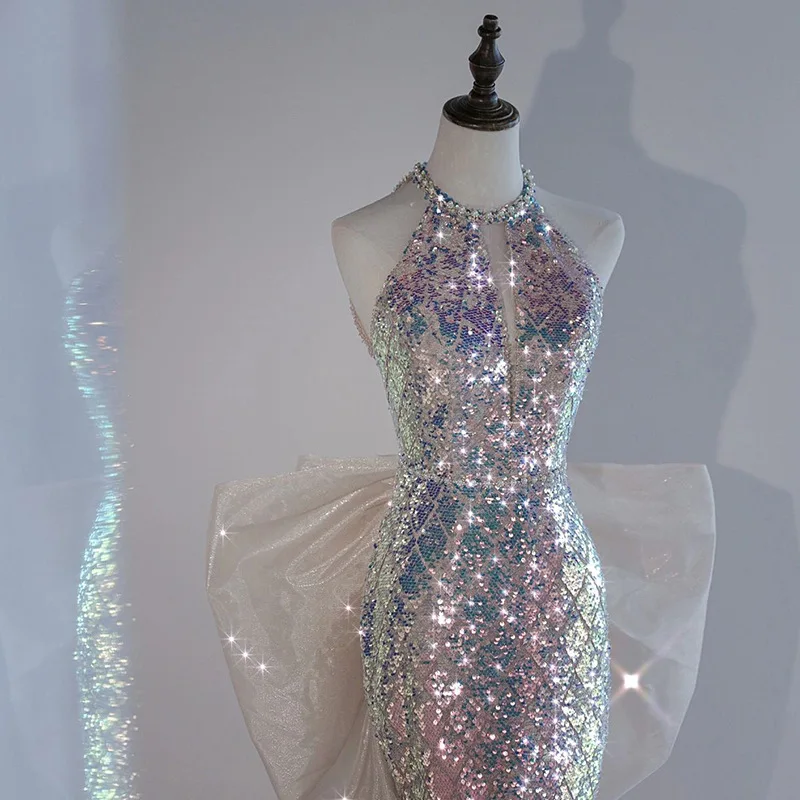 Vestido de fiesta de noche Vintage para mujer, falda de cola de pez con lentejuelas y decoración de lazo de perlas, sin espalda, sin mangas