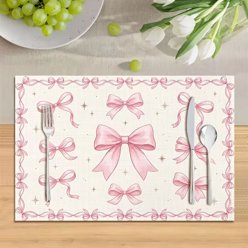 Pink Bow Leopard Print Placemat Fashion Glitter Bow Leopard Pattern Table Mat Stain-resistant Dining Pad for Kitchen