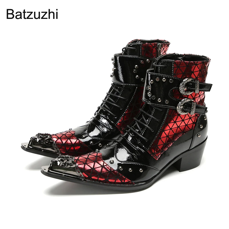 

Batzuzhi 6.5cm High Heels Leather Ankle Boots Men Iron Toe Buckles Zip Black Red Punk Motorcycle Short Boots for Man, Big Sizes