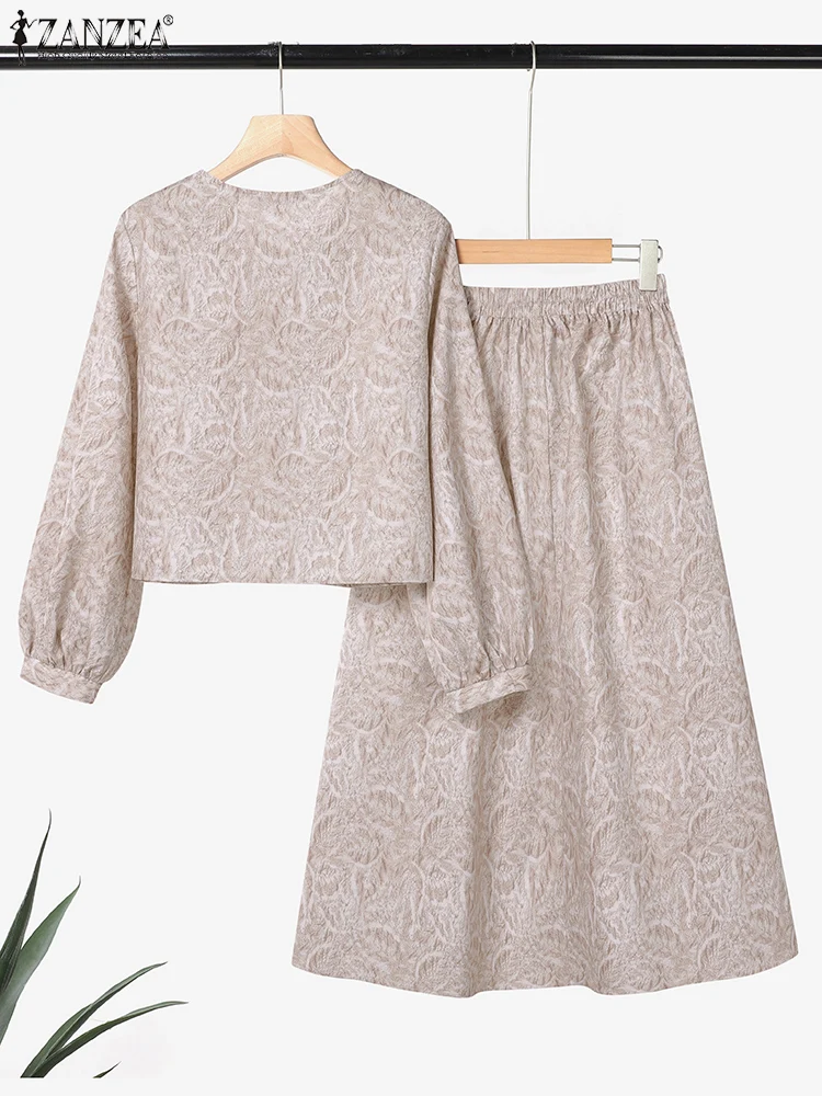 ZANZEA-Conjuntos de vestidos bohemios para mujer, 2 uds., camisas de manga larga acampanada, faldas largas, trajes de 2 piezas con estampado Floral Vintage, otoño 2025