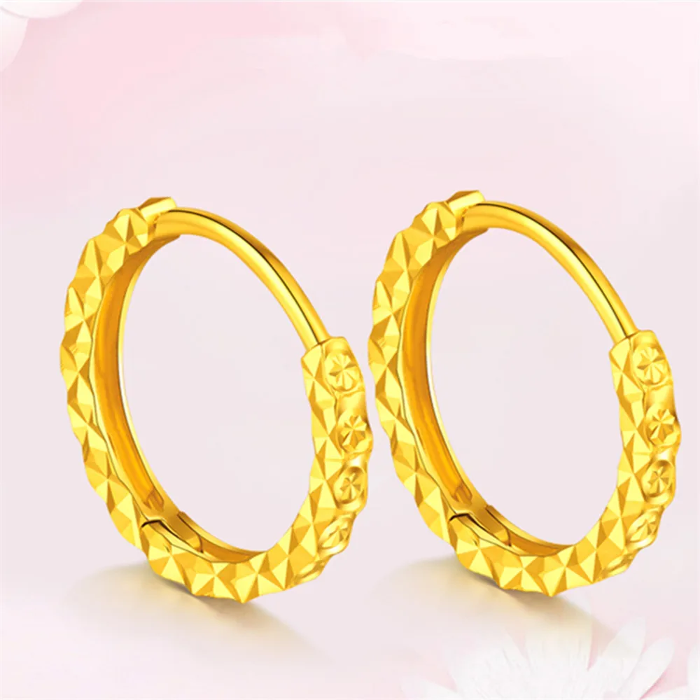 Pure Au750 18K Yellow Gold Women Lucky Craved Many Star Circle Earrings Hoop 1.3g