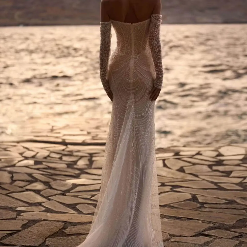 Customized Exquisite Sexy Wedding Dress For Woman Bride Beaded Mermaid Long Open Back Off Shoulder Strapless Bridal Gown