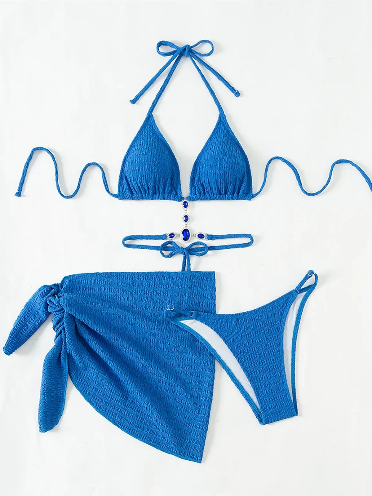 بلون الأزرق 3 قطعة ملابس السباحة للنساء الفاخرة الراين سلسلة مجموعة البكيني عالية الخصر تنورة الشاطئ عطلة ملابس السباحة 2024