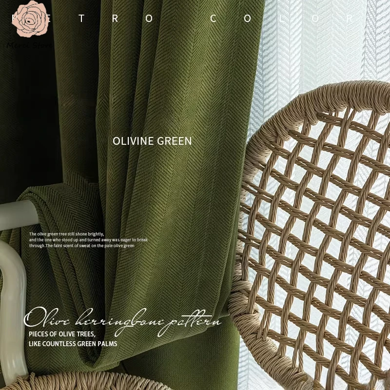 

American Vintage Olive Green Chenille Blackout Curtains High-end Herringbone Thickened Custom Curtains for Living Dining Bedroom