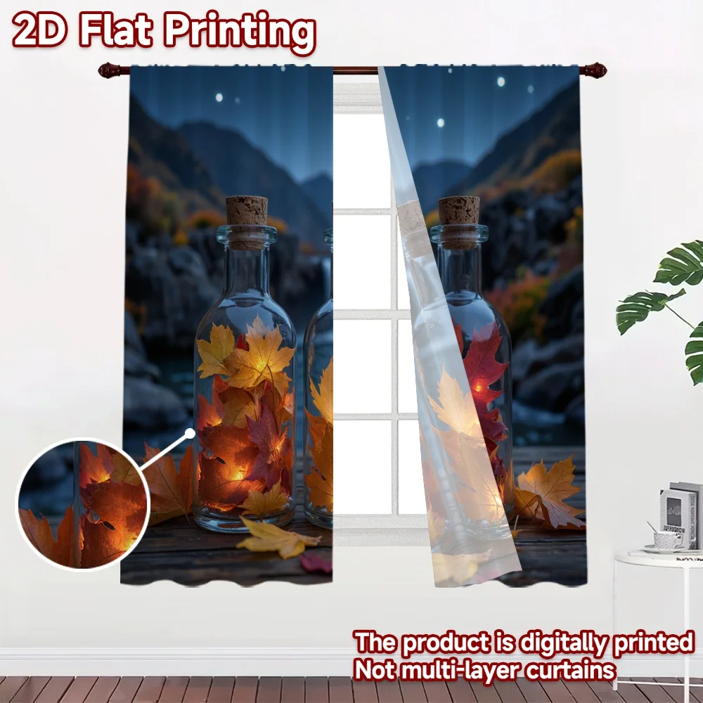 2D flat 2pcs Curtain French Romantic Style Autumn Leaves in Bottles Digitally printed polyester Birthday Party Use for Room