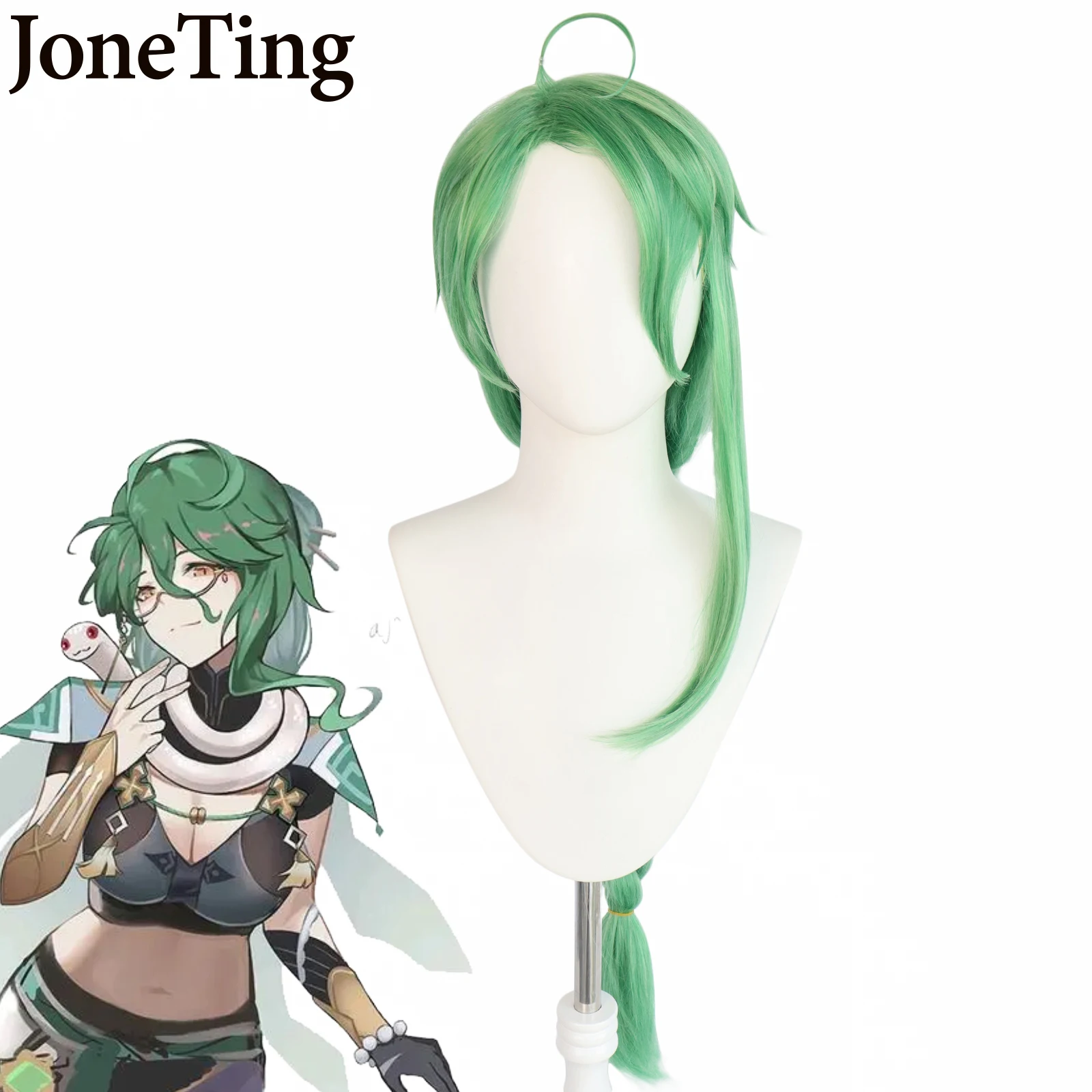 JT Synthetic BaiZhu Cosplay Wigs Game Genshin Impact Unisex Cosplay Wig Green 95CM Long Braides Wig with Bangs Halloween Party