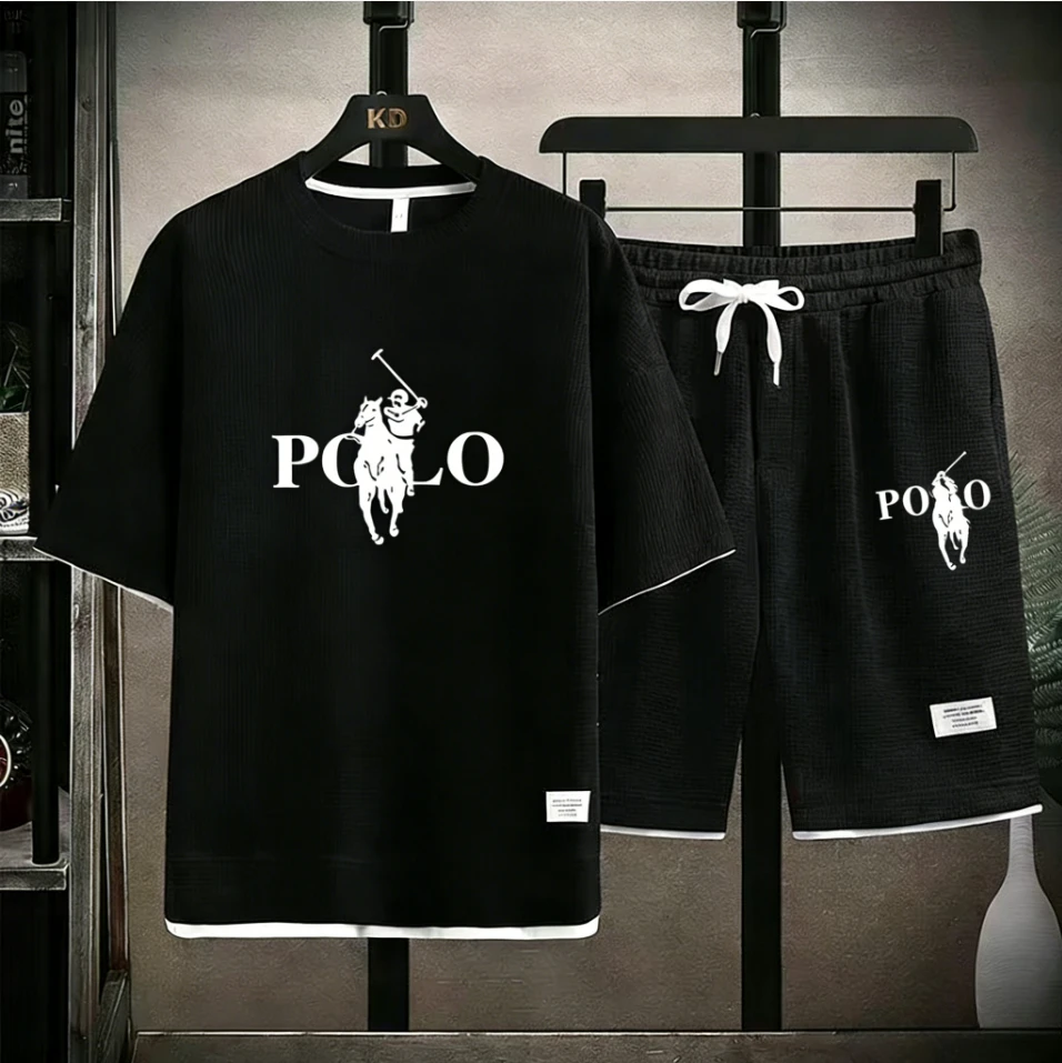 

Waffle Knit Equestrian Logo Tracksuit Men 2 Piece Set Short Sleeve T Shirt + Shorts Casual Summer Streetwear 2026