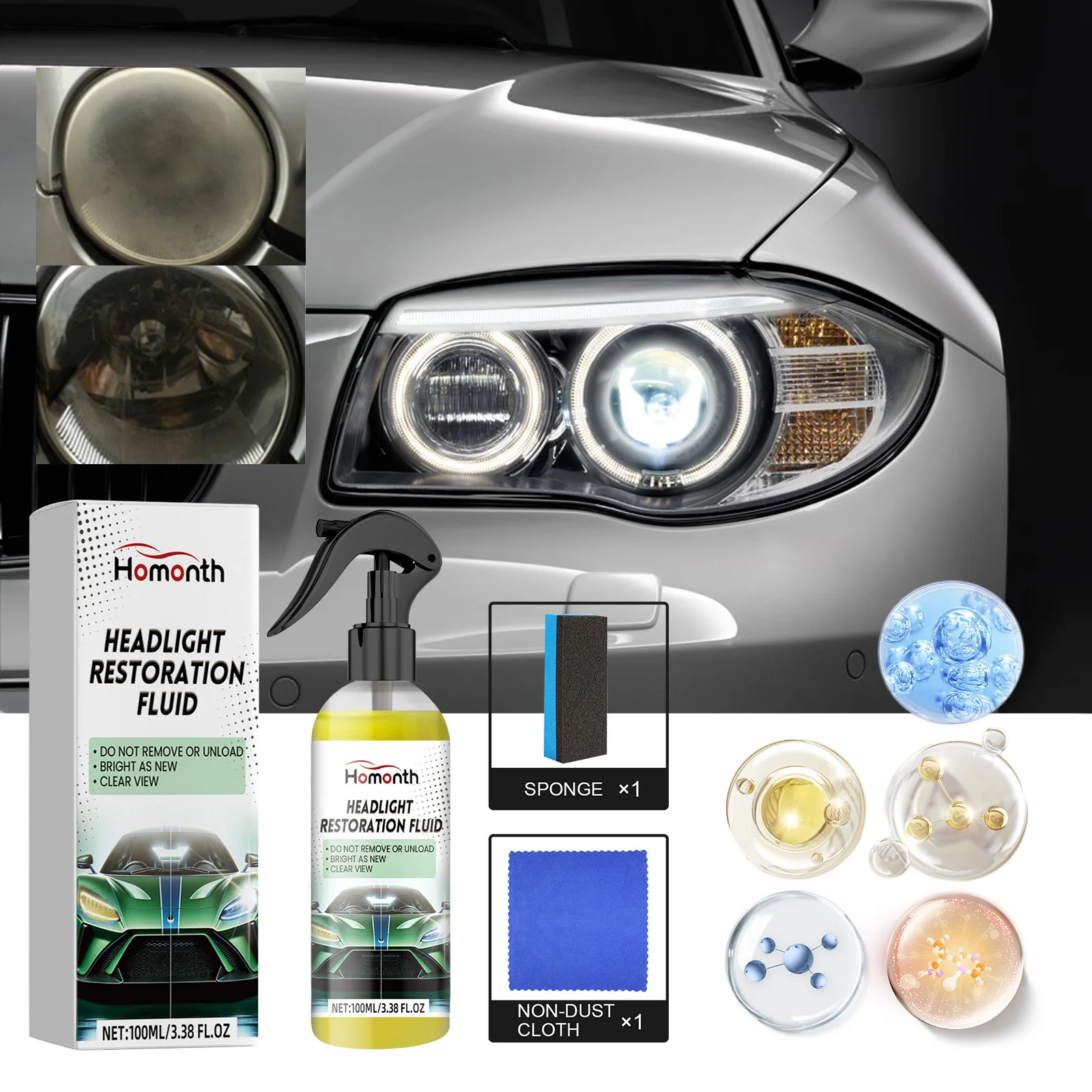 Líquido para reparación de faros de coche, elimina las manchas de superficie de faros para reparación de arañazos de faros de coche, líquido de reparación brillante