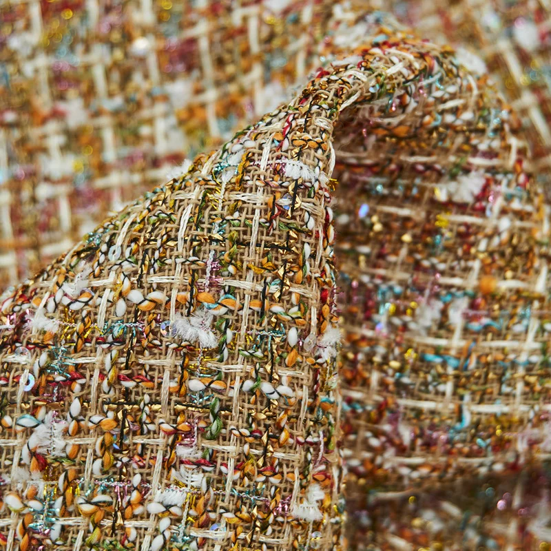 Gold Sequins Lux Metal‑Yarn Tweed Fabric, Mixed Fancy‑Yarn Textured Woven Cloth For Coat Suit Garment DIY Sewing, Sold By Yards