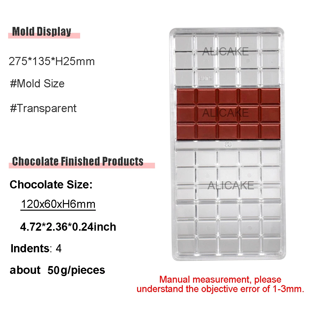 Polycarbonate Chocolate Mold for Candy Bar Bonbons 4 Cavity 50g/Pieces Confectionery Bakery Baking Pastry Tools Mould