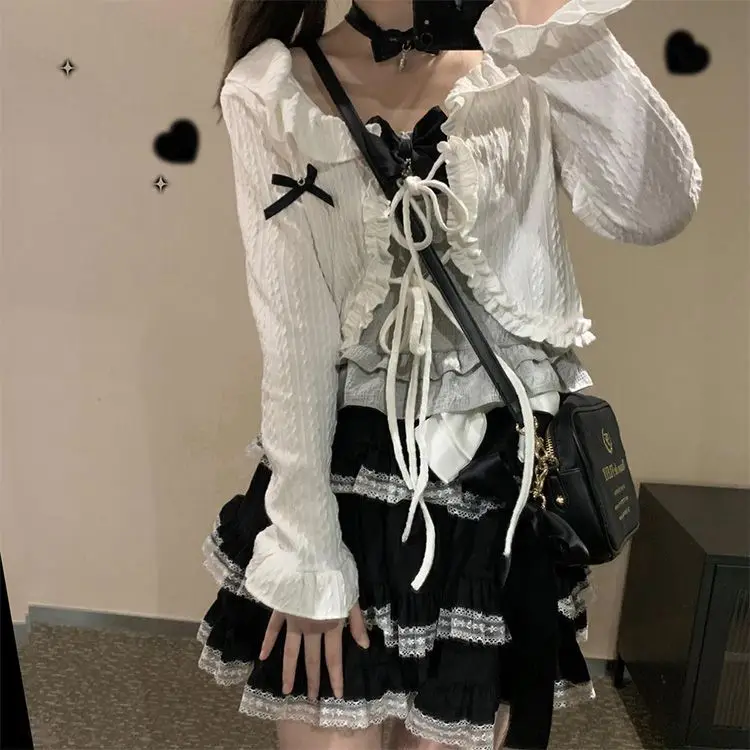 봄 여름 신상 하이웨이스트 미니 케이크 여성 스커트 일본 로리타 레이스 러플 엣지 멀티레이어 Y2K 스커트 페어리코어 카와이 스커트