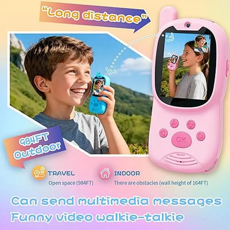 Walkie Talkies for Kids Rechargeable Toddler Toys for Indoor Camping Travel 2 Pack Video Birthday Toys For Kids Ages 3-12