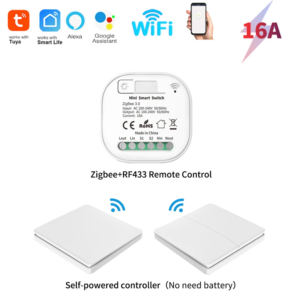 Tuya-interruptor inteligente inalámbrico con WiFi, dispositivo autoalimentado de 16A, 433MHz, No necesita batería, interruptores de pared, Control por aplicación de voz con Alexa y Google Home