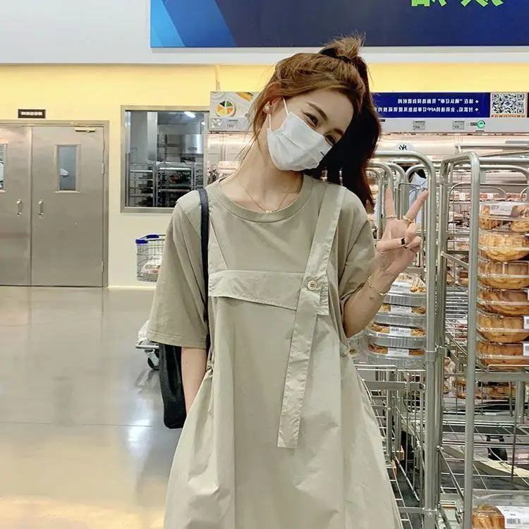 

Extra Large Size 300 Pou Fat MM T-irt Dr Draped Fake Two-Piece Hong Kong Sle Retro Summer Hip Covering Dr